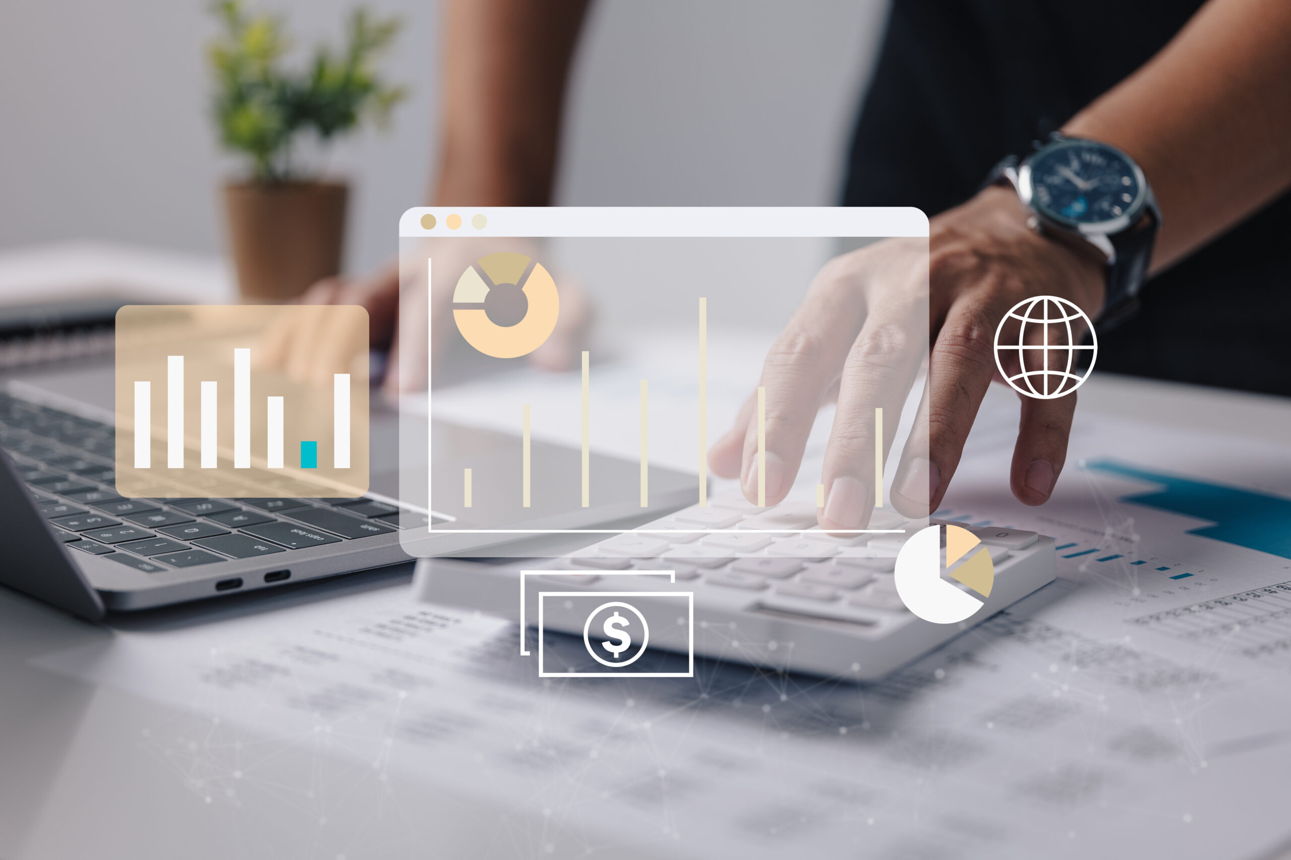 Profissional de soluções empresariais mexendo em um computador ao fundo e gráficos de desempenho em destaque mostrando ótimos resultados